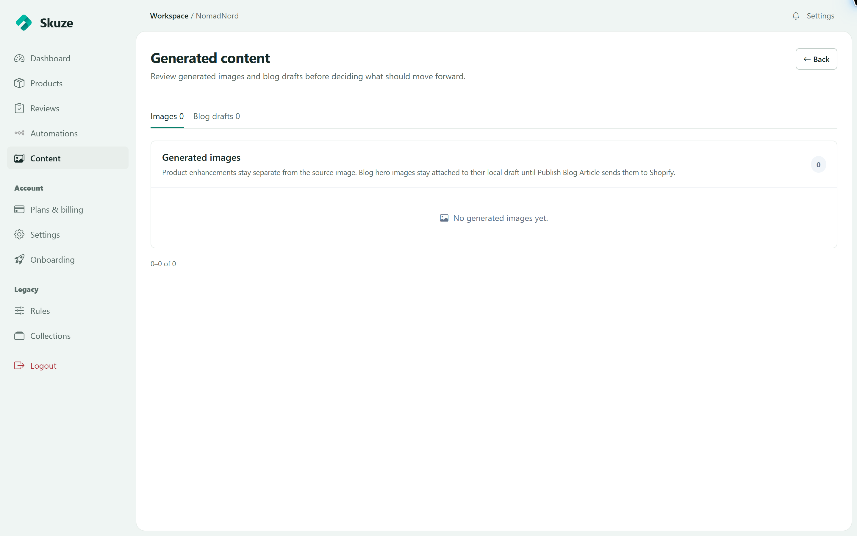 Skuze Content workspace showing no generated images or blog drafts at capture
