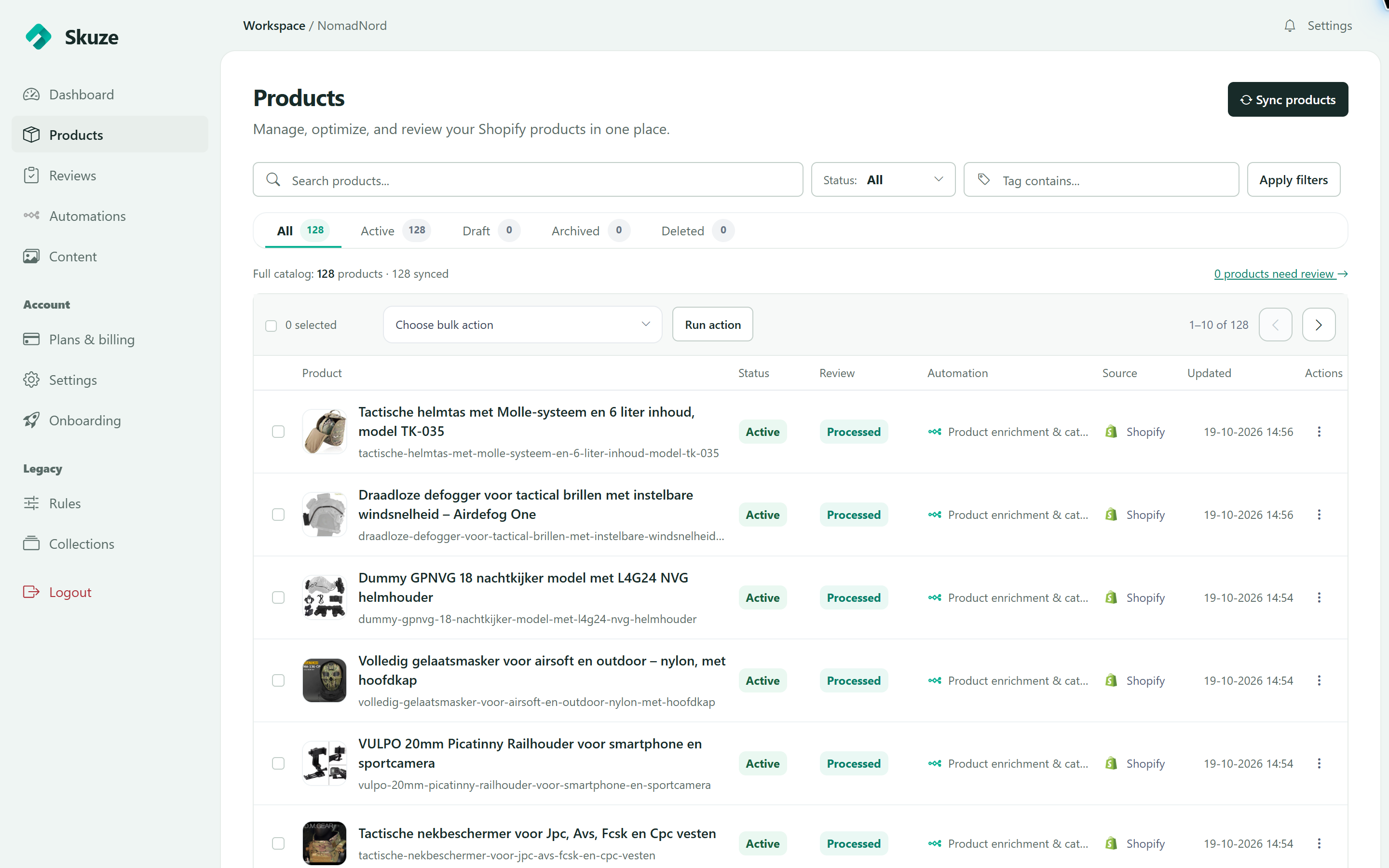 Skuze Products showing search, filters and a connected Shopify product catalog