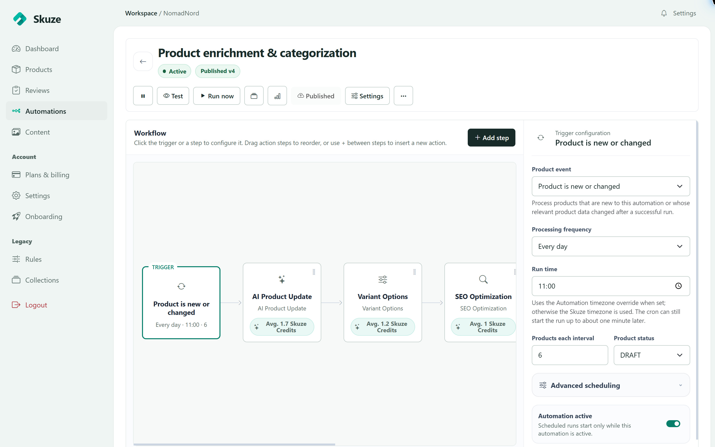 Skuze Studio showing a published product-enrichment workflow and trigger settings